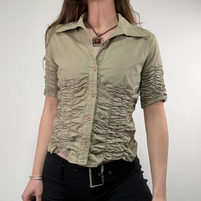 gathered khaki pleated shirt