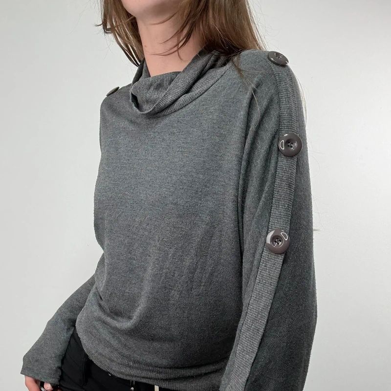 grey slouchy knit ribbed fitted jumper with button details