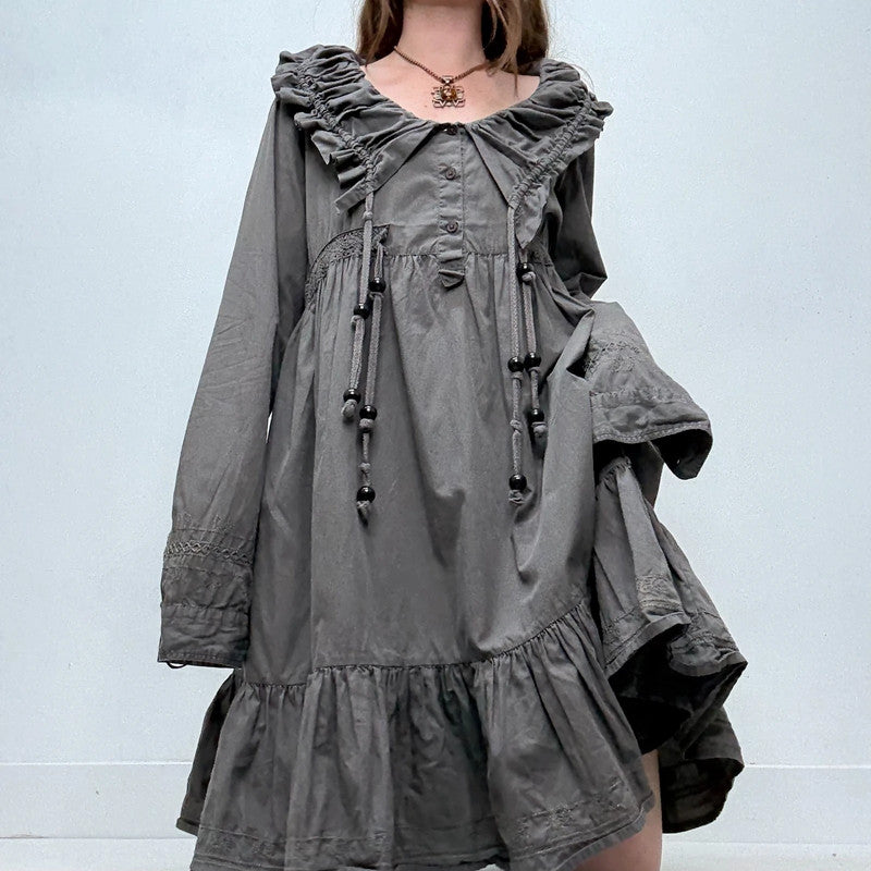 grey pleated puff shirt dress