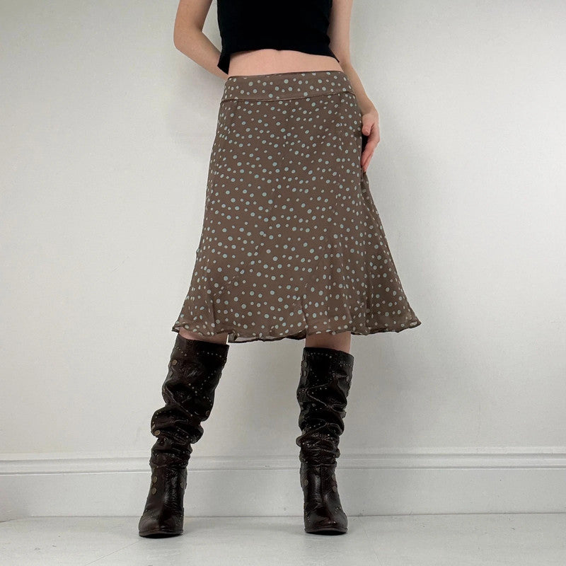 polkadot brown silk flared bias cut midi skirt