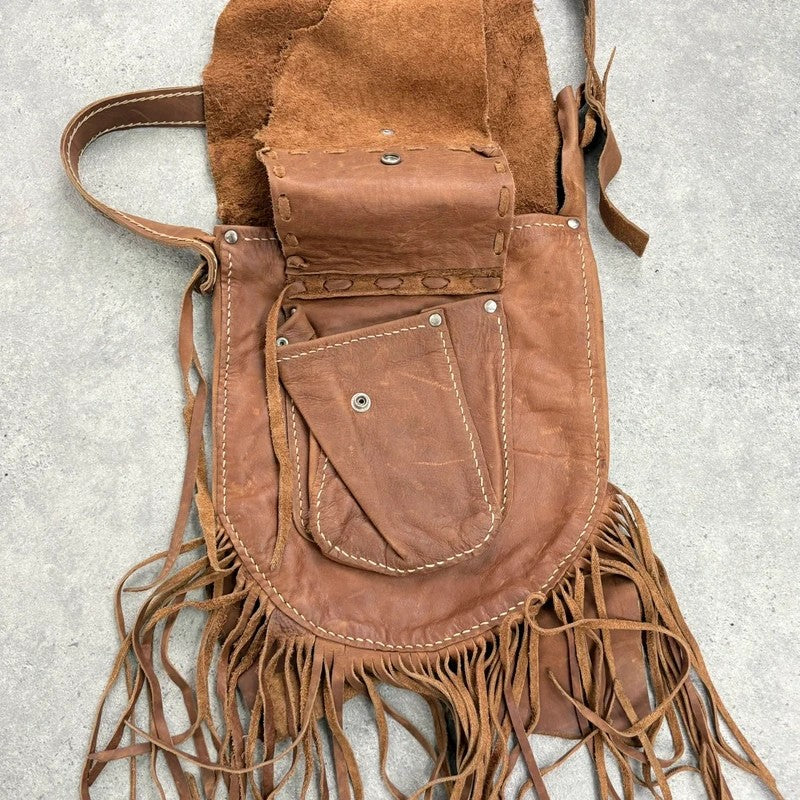 Vintage tan boho fringe satchel suede bag