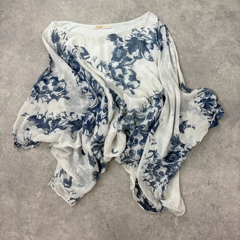 white and blue silk draped regency printed batwing blouse
