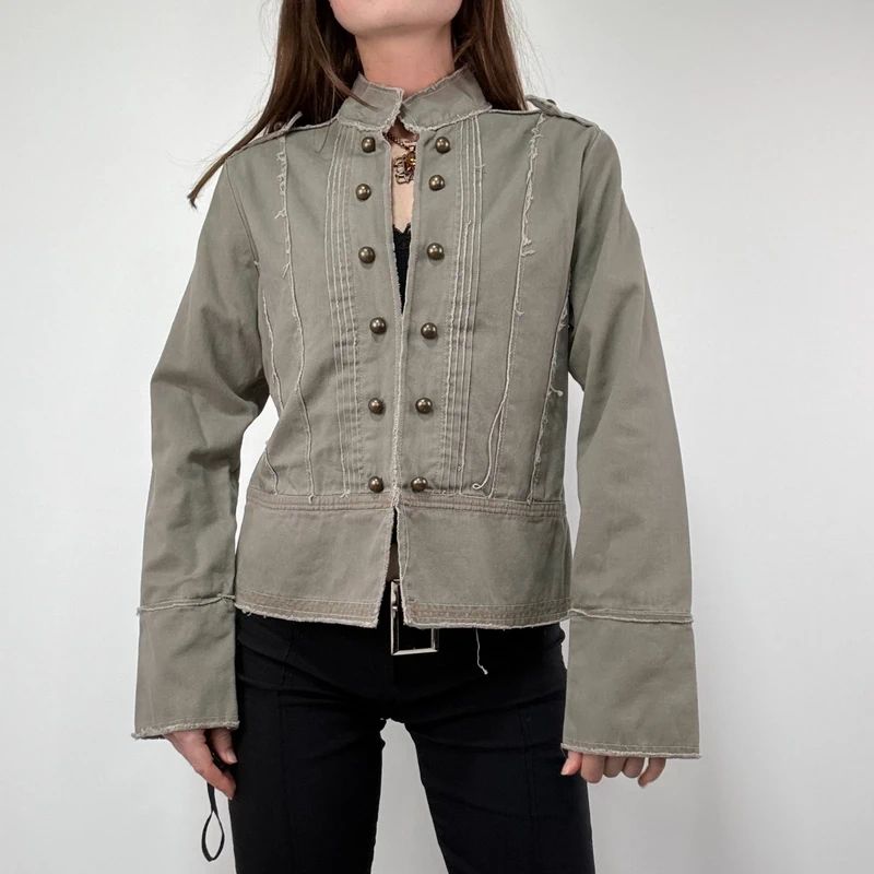 khaki military cotton utility jacket with hook and eyes