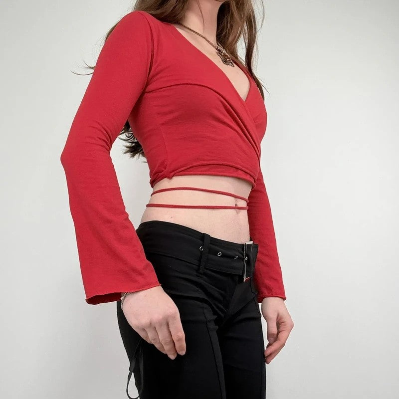 red jersey cropped ballerina wrap cardigan