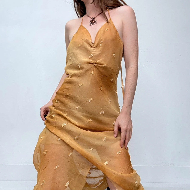 sheer gold bias cut maxi dress
