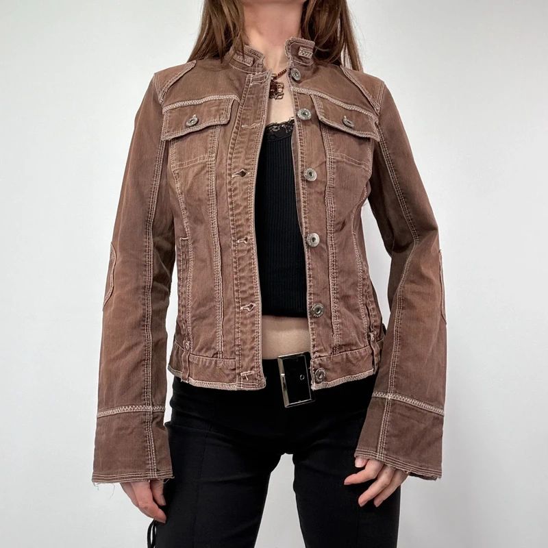 distressed brown cargo denim jacket