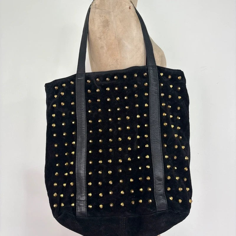 Black suede tote bag with gold studded spikes