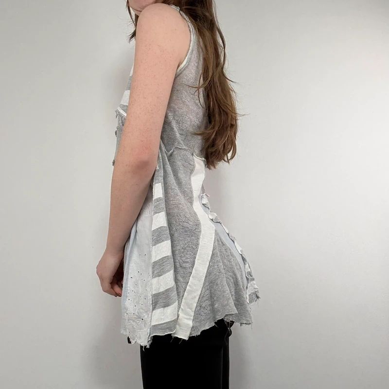 grey striped patchwork asymmetric vest