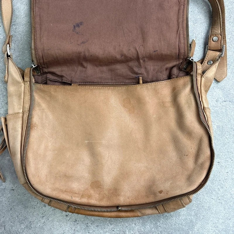 Tan distressed leather zip city crossbody D-ring bag