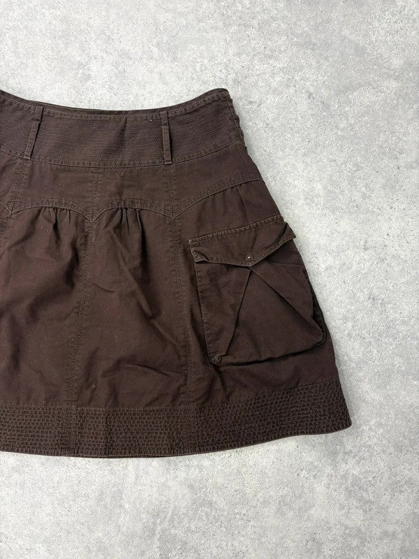 pleated brown cotton thick waistband drop waist puff midi skirt