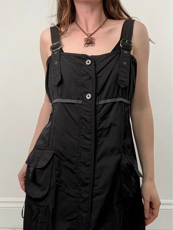 black grunge utility stuctured midi dress