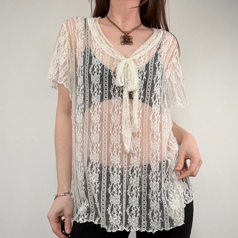 sheer cream lace floral mesh bow top