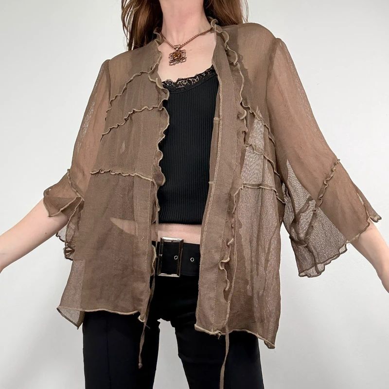 brown ruffle mesh slouchy flare shirt