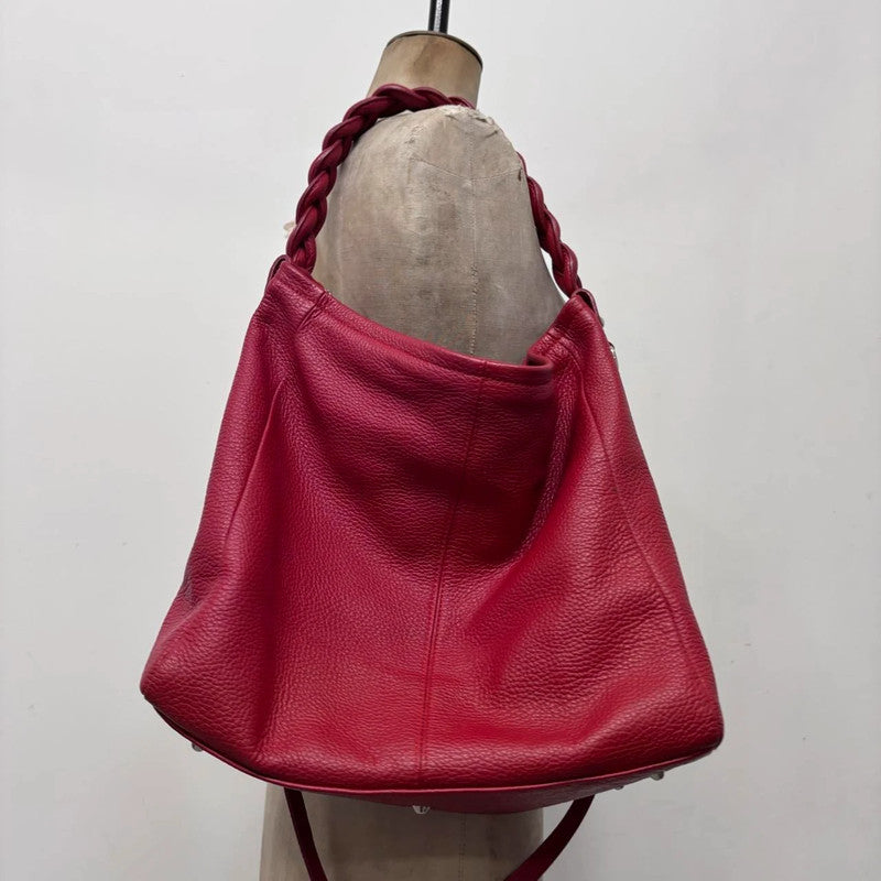 red leather slouchy woven bag