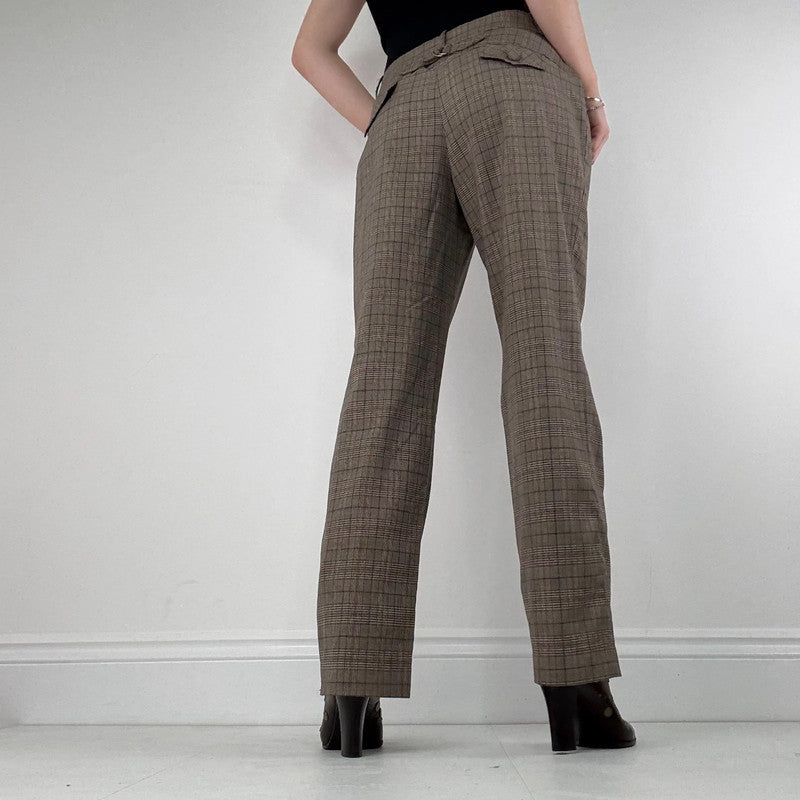 brown tartan checked wide leg suit pants