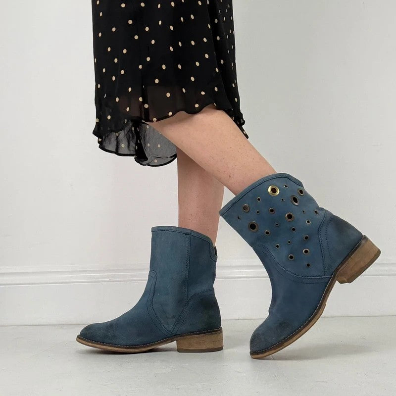 Blue suede studded eyelet ankle boots