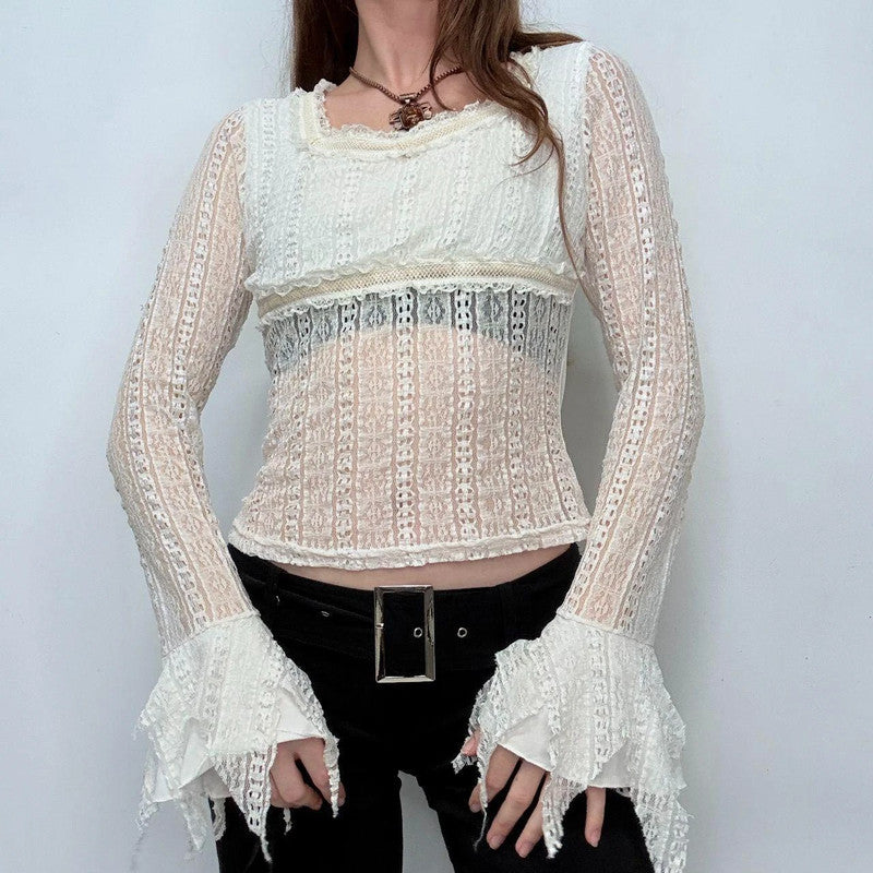 cream lace flared coquette shirt