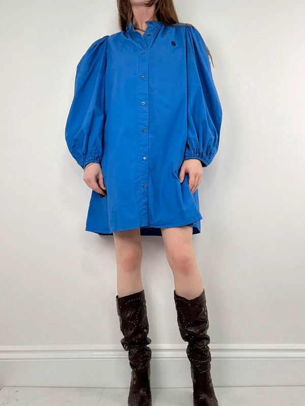 Blue cotton button puff midi shirt dress