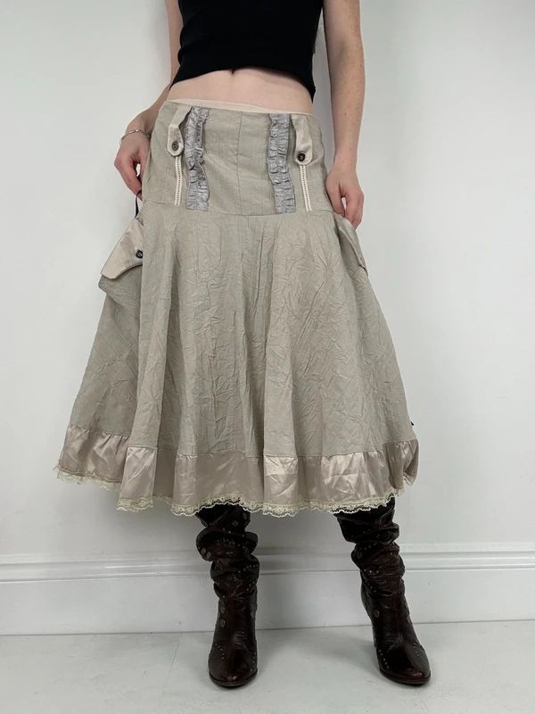 Khaki flared ruffle drop waist midi skirt
