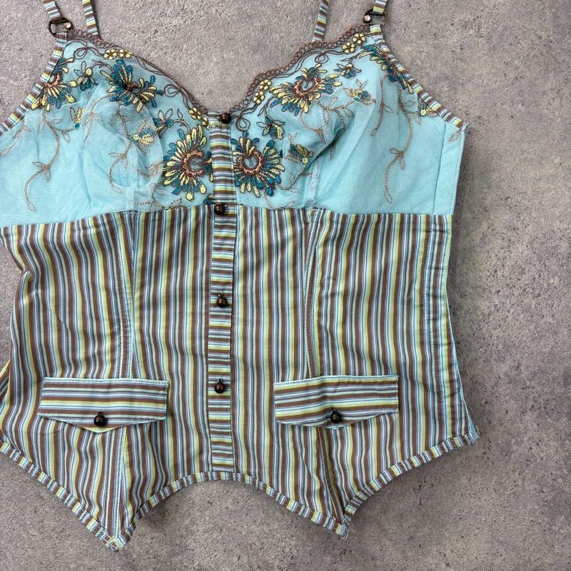 aqua blue fitted corset pinstripe fairy vest top