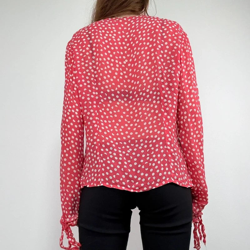 Red polka dot flutter fray blouse with hook and eyes