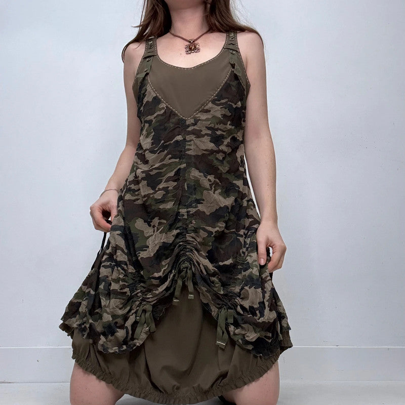 khaki graphic printed layered draped midi dress
