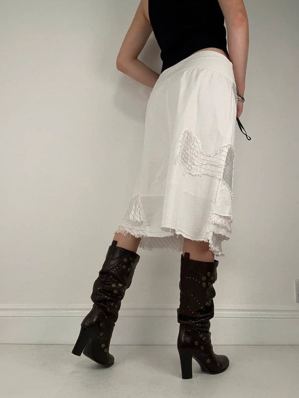 White fray patchwork asymmetrical bow midi skirt