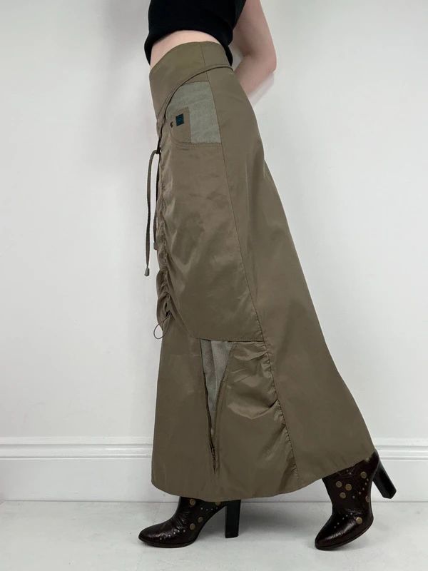 khaki utility gathered maxi skirt