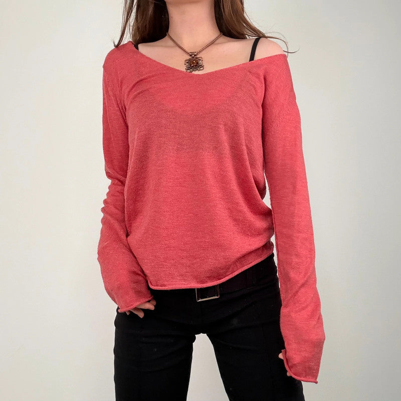 pink slouchy knit off the shoulder jumper
