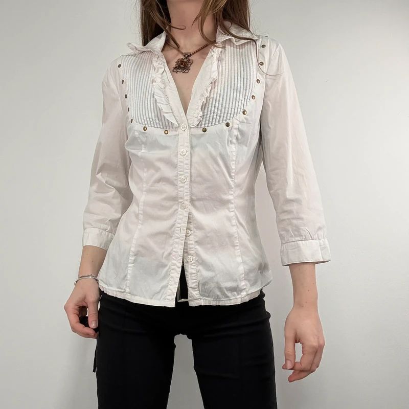white pleated studded cotton napoleonic Morgan shirt