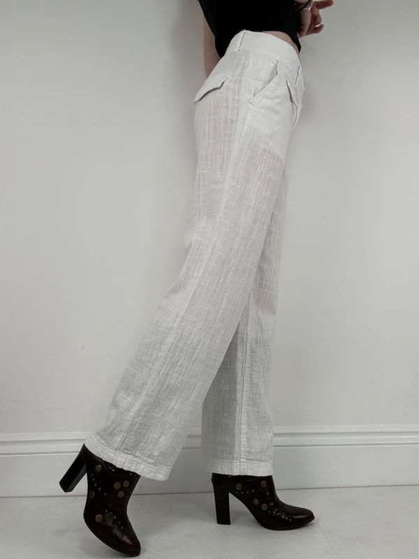 white linen wide leg low rise trousers