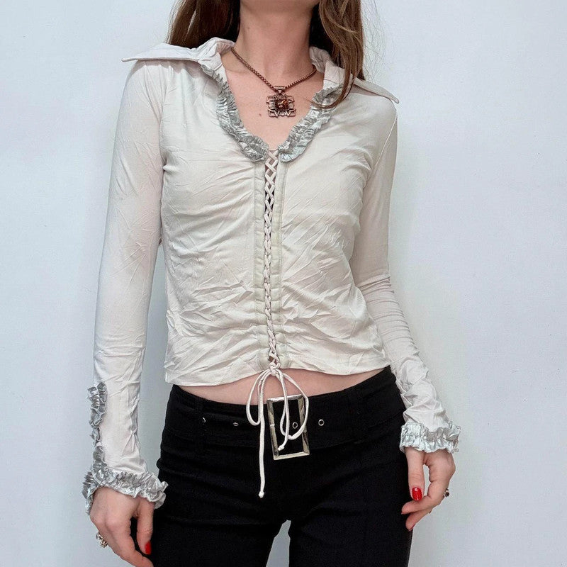 white lace up corset crinkle shirt