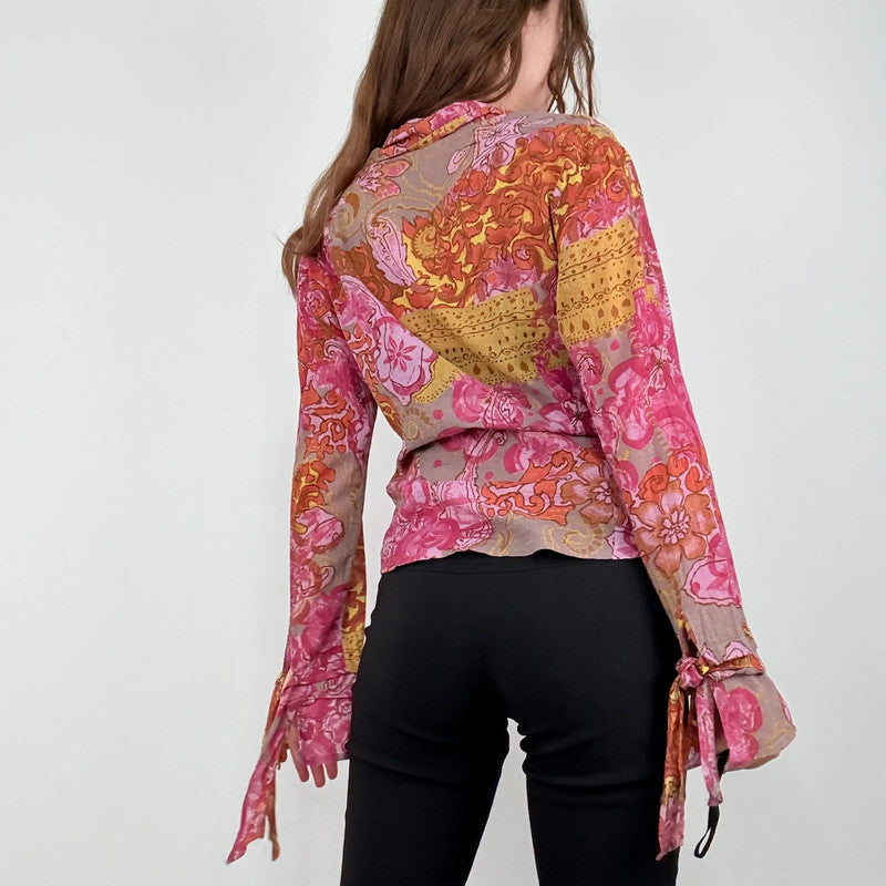 pink and brown floral printed flared shirt