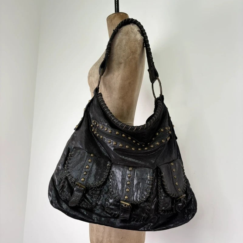 Black studded stitched slouchy shoulder bag