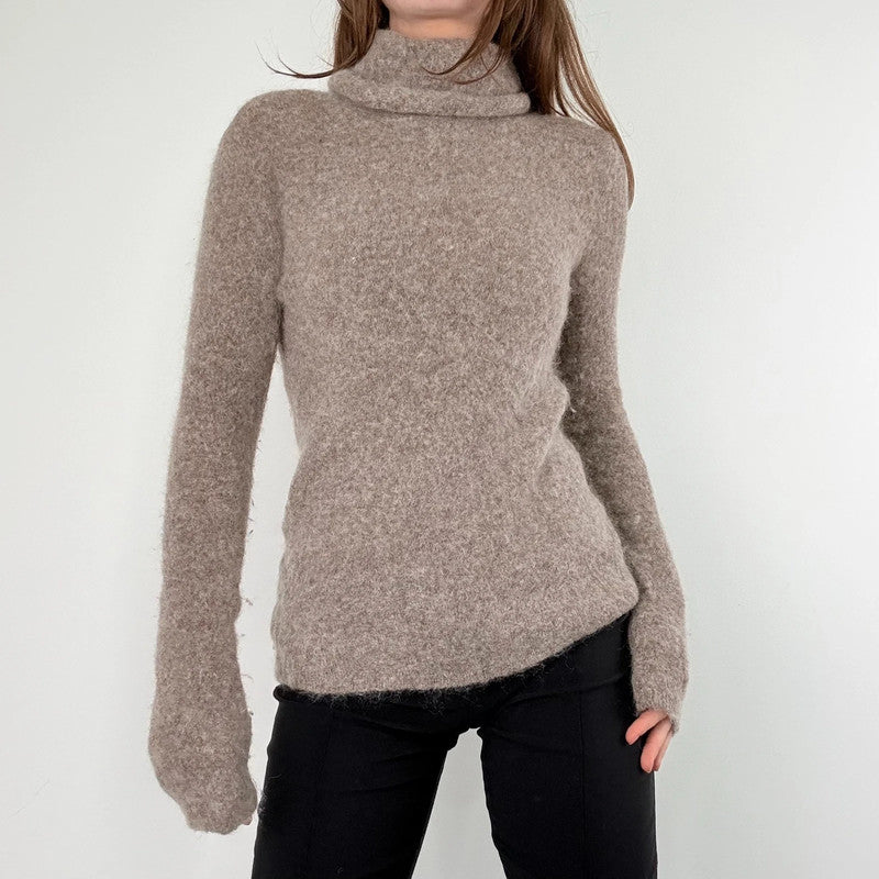 brown taupe fluffy knit mock neck