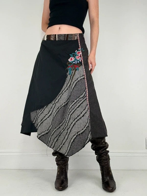 Patchwork embroidered asymmetric skirt