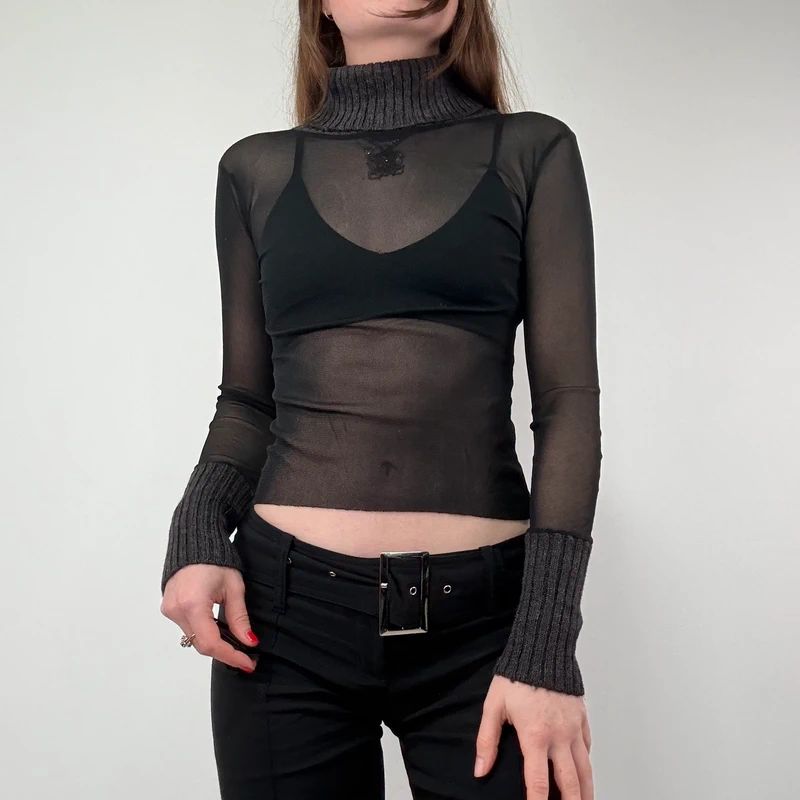 Black Ribbed Mesh Grunge Top