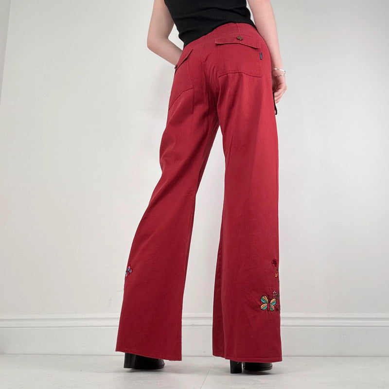 red cotton wide leg flared embroidered trousers