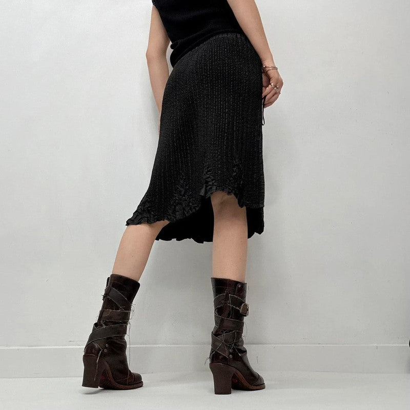 black crinkle plisse midi skirt