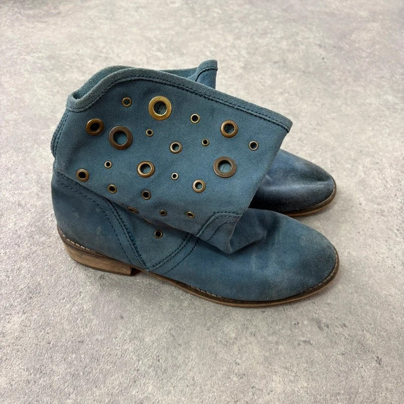 Blue suede studded eyelet ankle boots