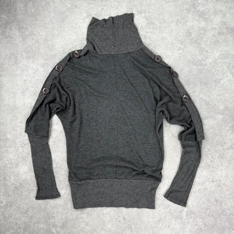 grey slouchy knit ribbed fitted jumper with button details