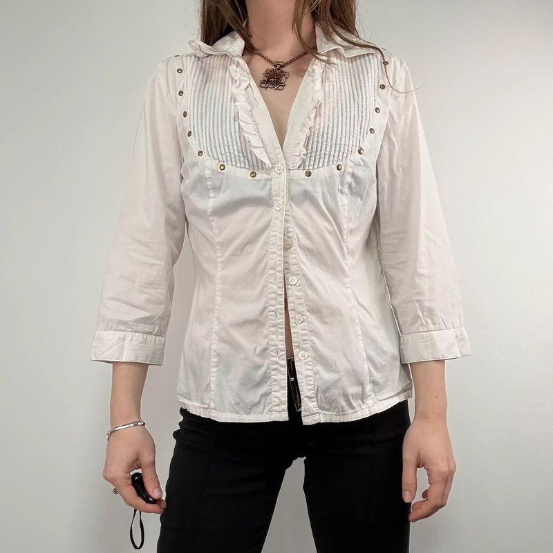 white pleated studded cotton napoleonic Morgan shirt