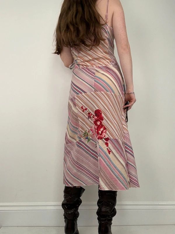 pink pinstripe flared ruffle maxi dress