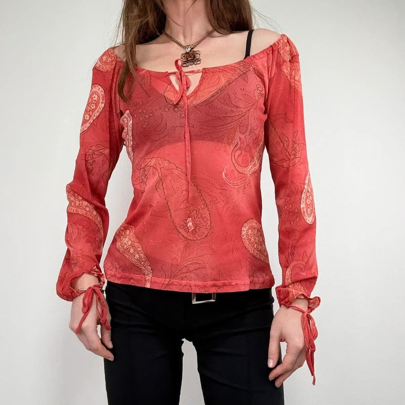 sheer paisley slouchy off-the-shoulder mesh blouse