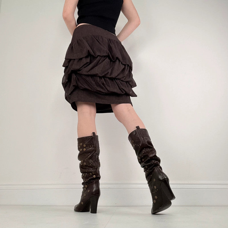 Brown gathered draped puff Cop Copine skirt