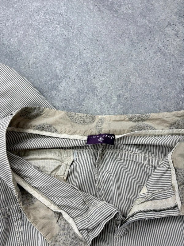 beige pinstripe cargo slim fit cotton trousers