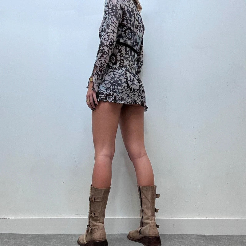 Silk sheer patterned long sleeve mini dress