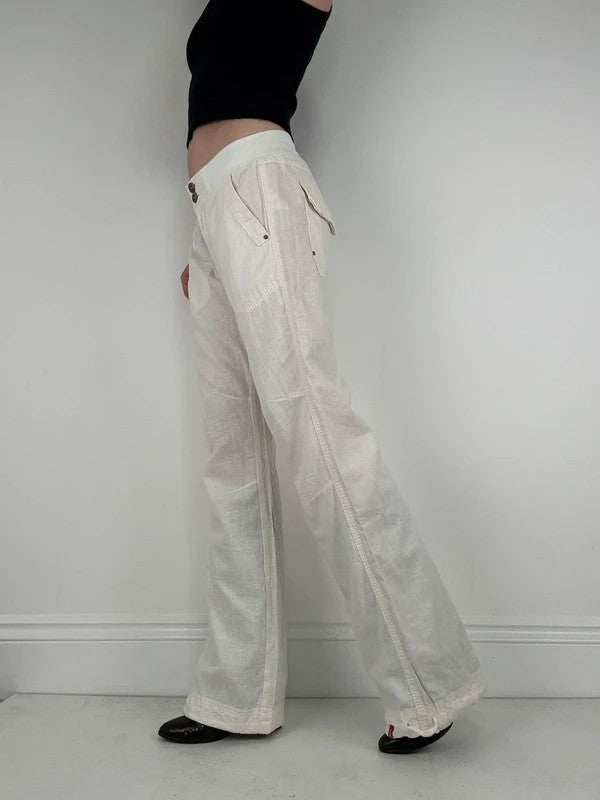 White low rise wide leg flared linen trousers