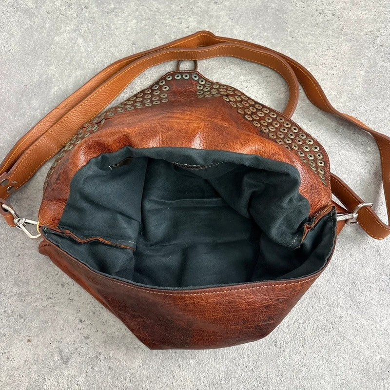 Studded distressed brown leather cargo messenger bag