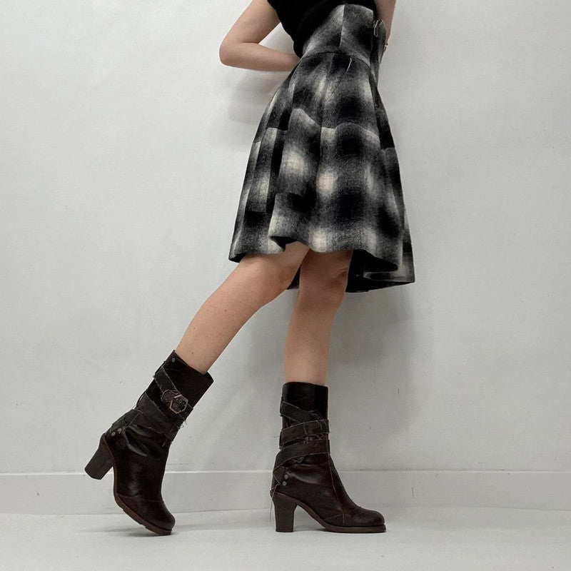 black checked puff structured skirt